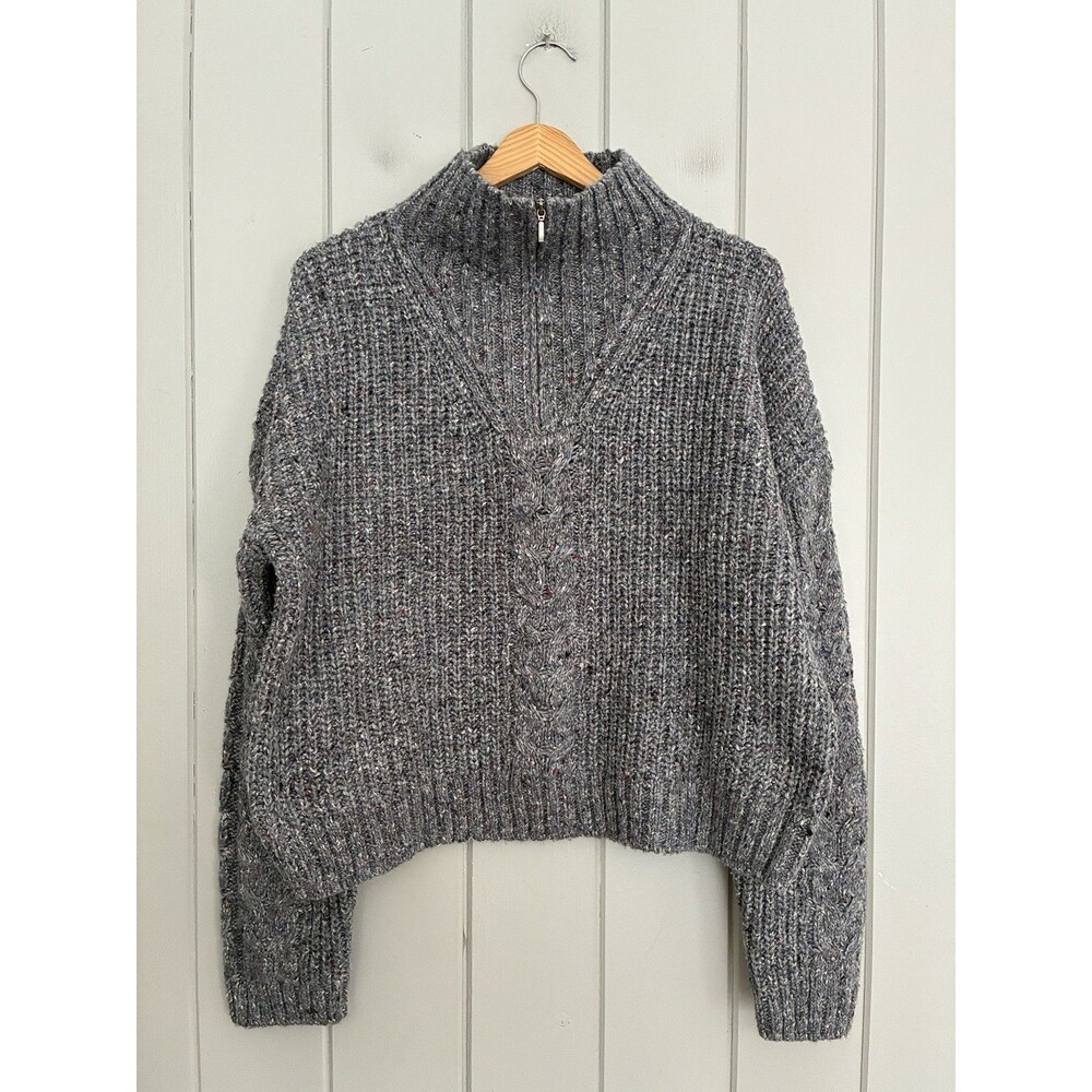 prAna Laurel Creek Sweater L Large 1/4 Zip Light Gray Chunky Knit Cropped